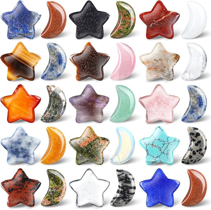 Nuenen 30 Pcs Worry Stones Bulks Moon Star Shaped Crystals Gemstone Star Bulks Palm Moon Hand Car... | Amazon (US)