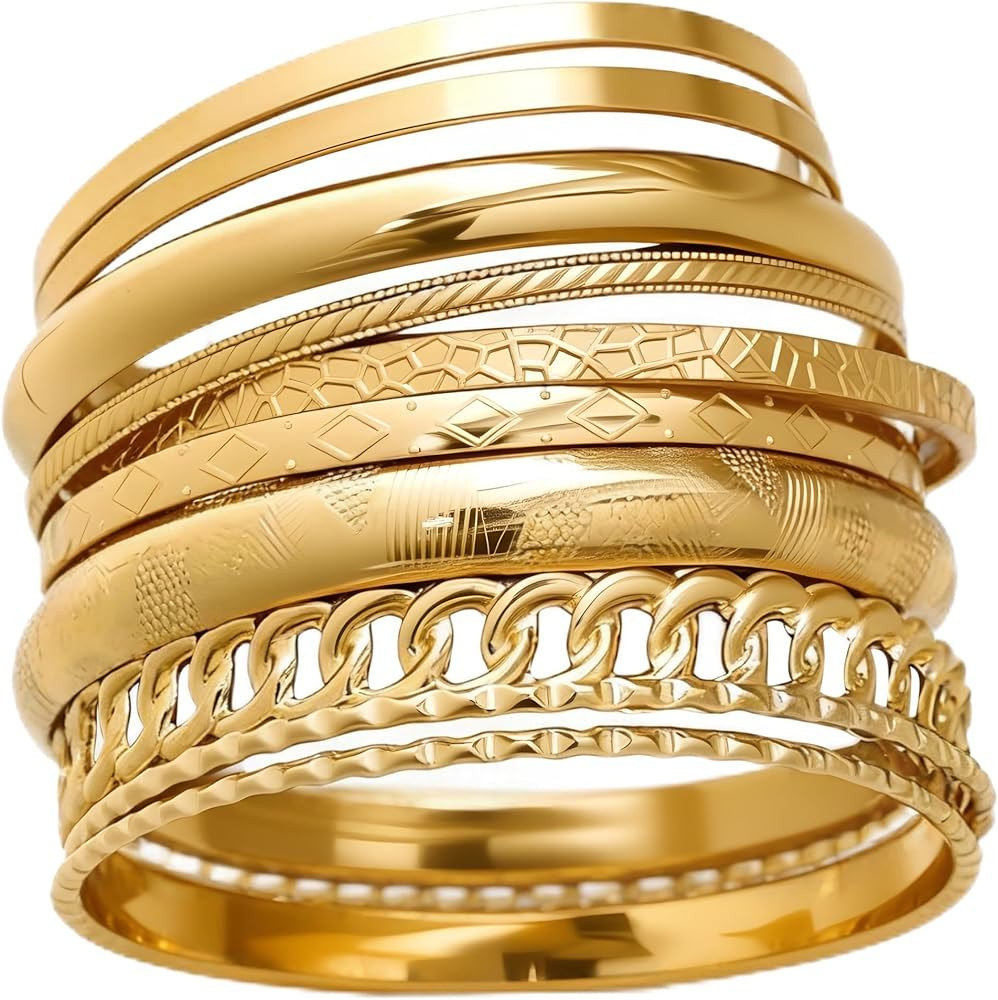 ÌF ME Gold Bangle Bracelets for Women, Indian Bangles Stackable Set, Multi Layer Textured 14K Go... | Amazon (US)