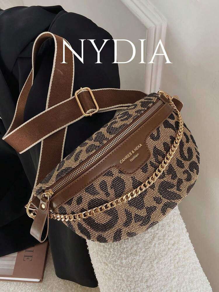 Millennial Vintage Chain Decor Houndstooth & Leopard Print Shoulder & Waist Bag, Leopard Print Ba... | SHEIN