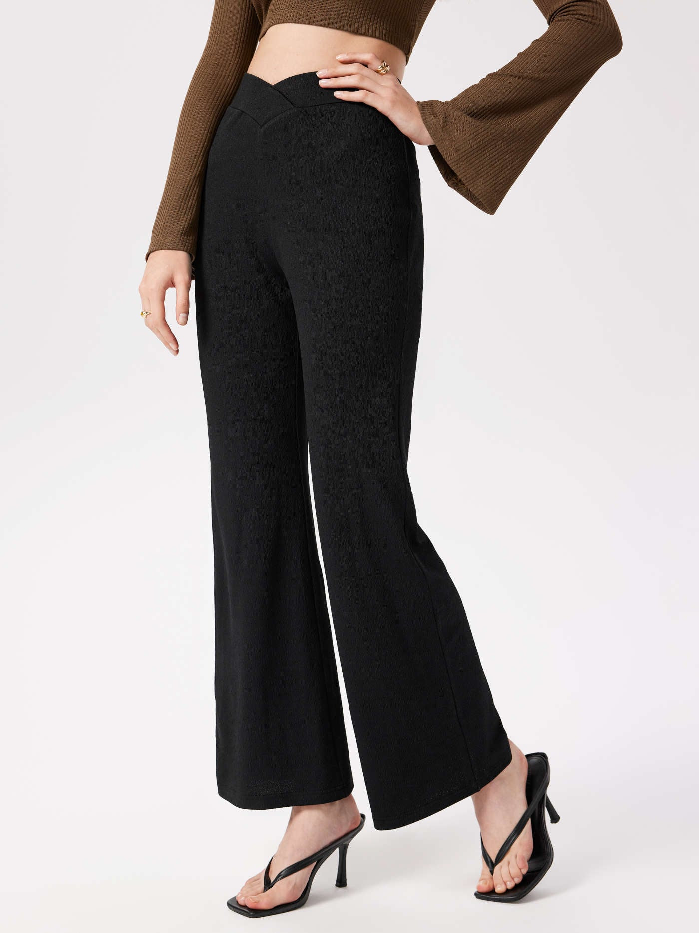 Knit Fabric Solid High Waist Wide Leg Trousers For Daily Casual Work | Cider