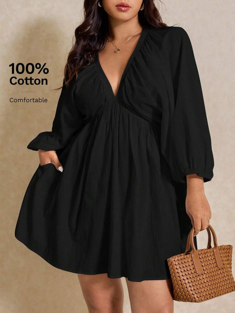 LocalSHEIN Elaquor Plus Size Casual Solid Color Lantern Sleeve Dress Flowy Dress Spring To Summer | SHEIN