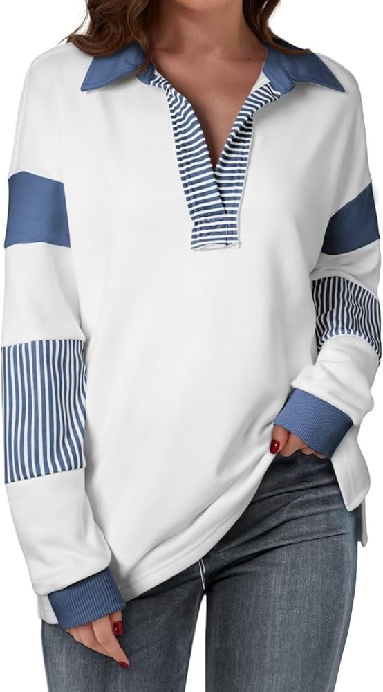 BLENCOT Women Oversized Sweatshirts Color Block Long Sleeve Loose V Neck Fall Outfits 2024 Fashio... | Amazon (US)
