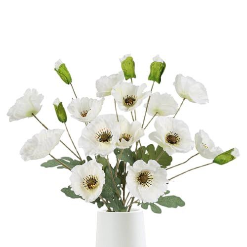 Fqueelvys White Poppy Flowers Artificial 5PCS 20Heads Fake Poppies Realistic Faux Silk Flowers with Stems for Vase Centerpiece Wedding Party Garden Home Decoration (White) | Amazon (US)