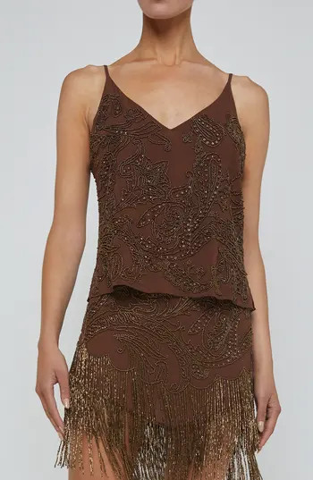 L'AGENCE Kass Beaded Chiffon Camisole in Pinecone at Nordstrom Rack, Size Xx-Large | Nordstrom Rack