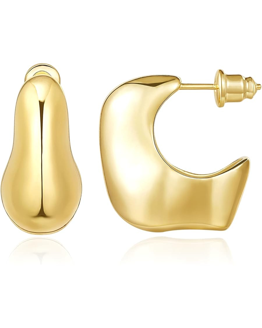 KissYan Chunky Gold Hoop Earrings for Women, 14K Gold Plated Lightweight Hollow Open Hoops Thick ... | Amazon (US)