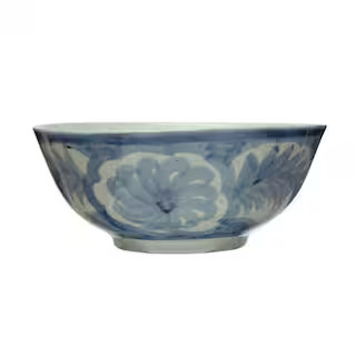 620 fl. oz. Blue and White Stoneware Hand Painted Bowl with Floral Design | The Home Depot