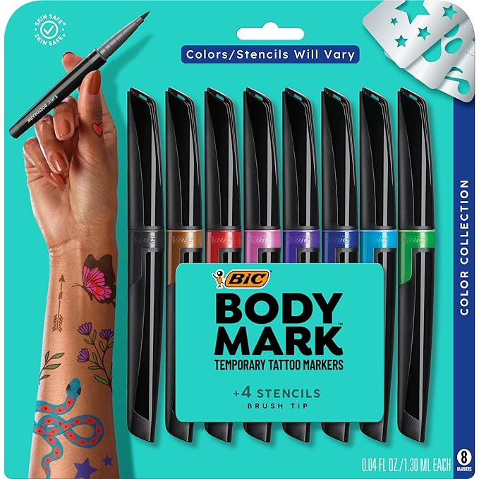 BIC BodyMark Temporary Tattoo Markers for Skin (MTBP81-AST), Color Collection, Flexible Brush Tip... | Amazon (US)