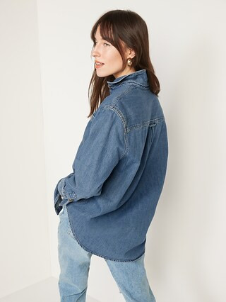 Oversized Boyfriend Utility-Pocket Jean Shirt for Women | Old Navy (US)
