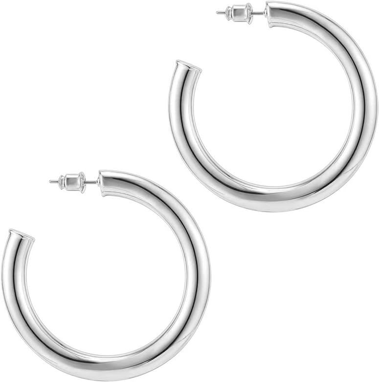 14K Gold Colored Lightweight Chunky Open Hoops | Gold Hoop Earrings for Women | Amazon (US)