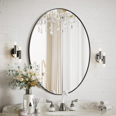 BEAUTYPEAK 20-in W x 28-in H Oval Black Framed Wall Mirror | Lowe's