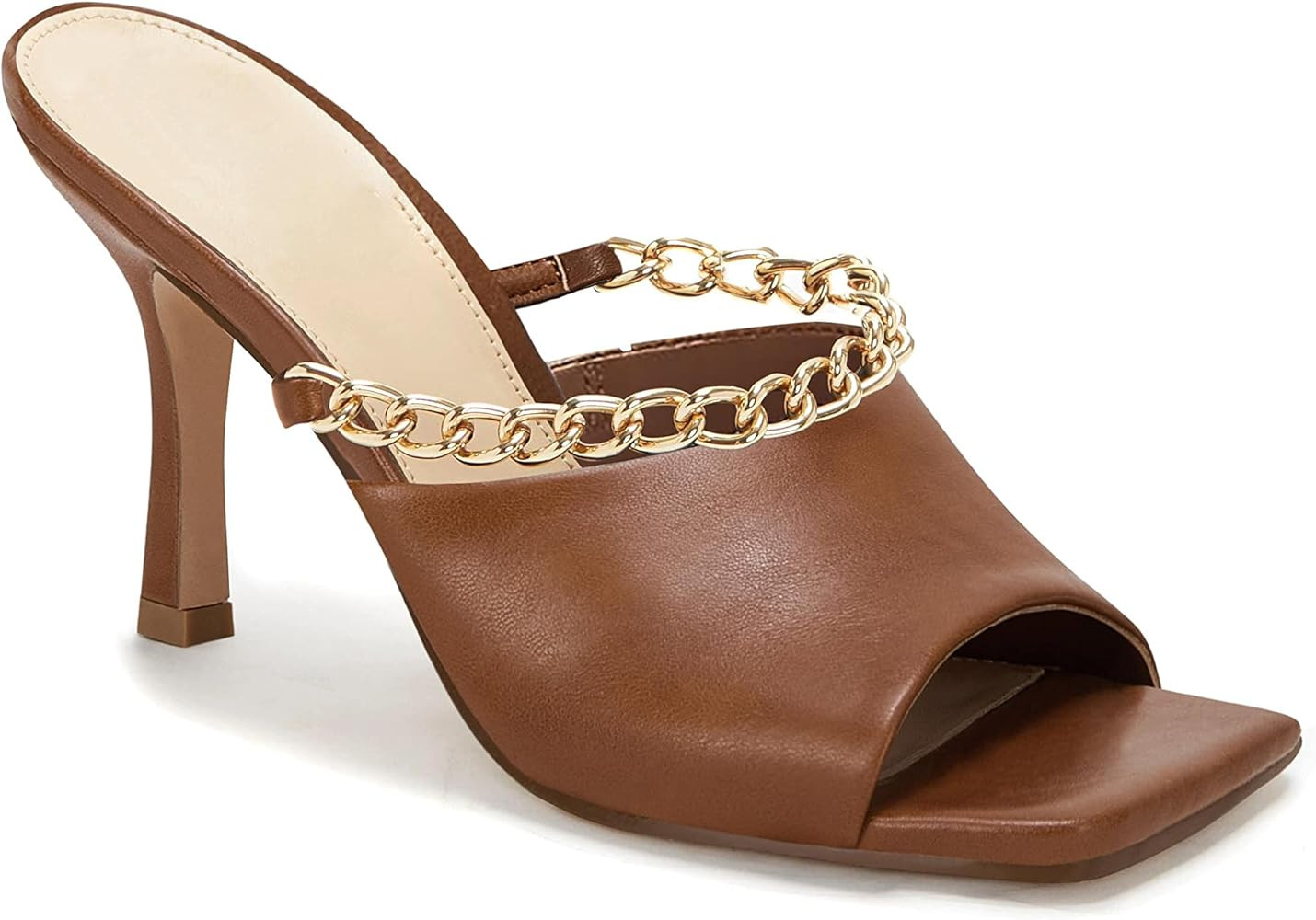 Womens Kitten Heels Sandals Mules Chain Square Toe High Heeled Slip on Summer Dress Shoes | Amazon (US)