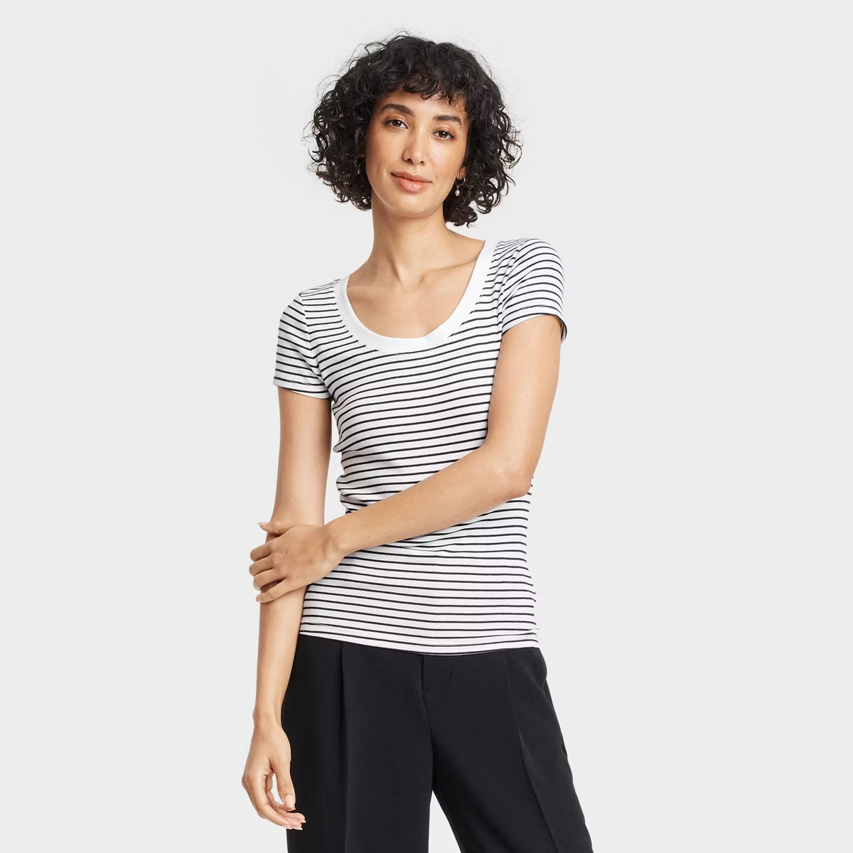 Women's Slim Fit Short Sleeve Ribbed Scoop Neck T-Shirt - A New Day™ Black Striped L | Target