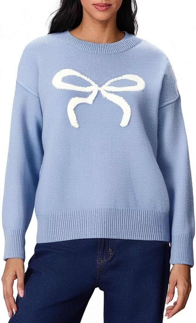 Women Cute Bow Sweater Y2k Long Sleeve Crew Neck Knit Sweaters Aesthetic Pullover Top | Amazon (US)