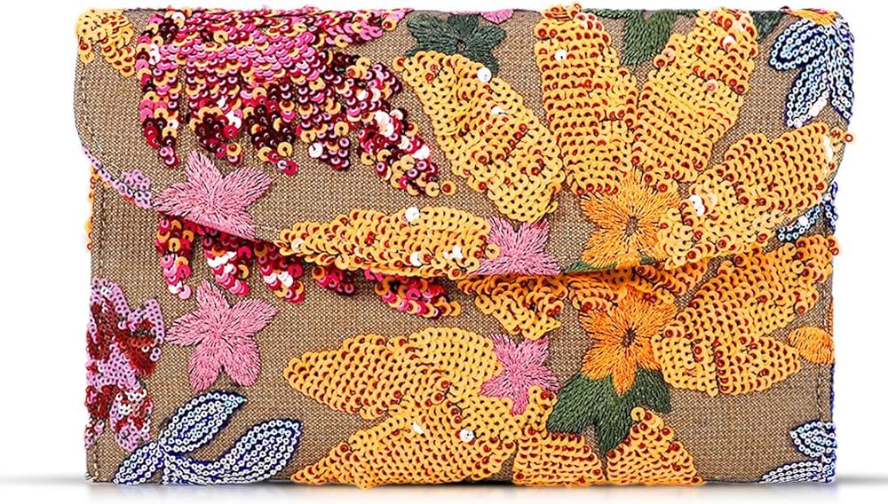 Envelope Package, Clutch Purses for Women, Sequin Embroidered Flowers Straw Bag, Bohemian Handmad... | Amazon (US)