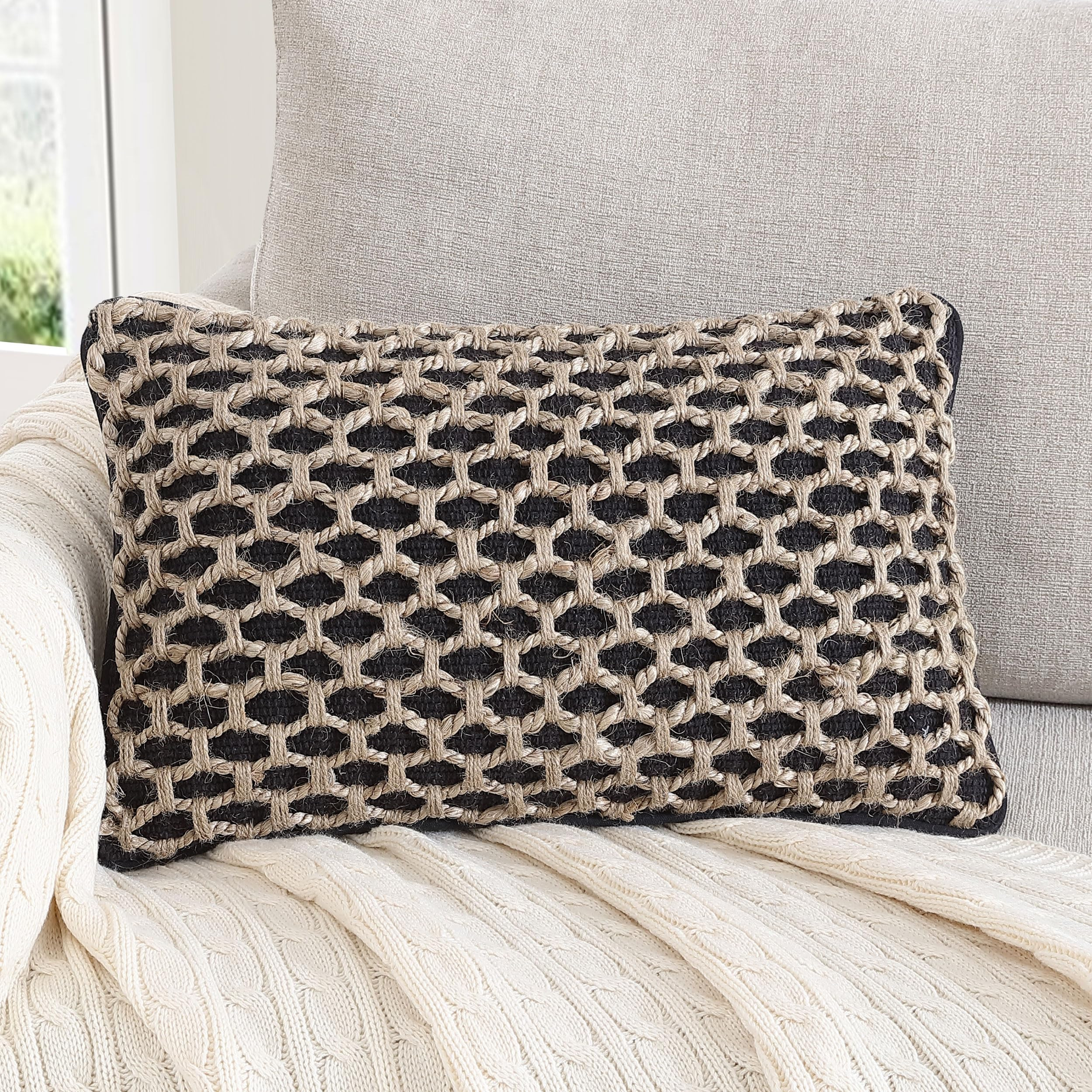 Boho Living Jada Premium Woven Design, Decorative Throw, Living Room Décor, (1) 12" x 20" Pillow Cover, Black | Amazon (US)