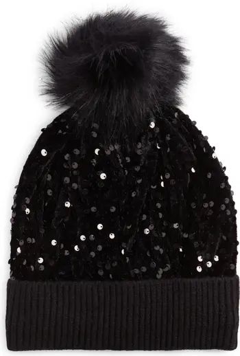 Sequin Beanie with Faux Fur Pompom | Nordstrom