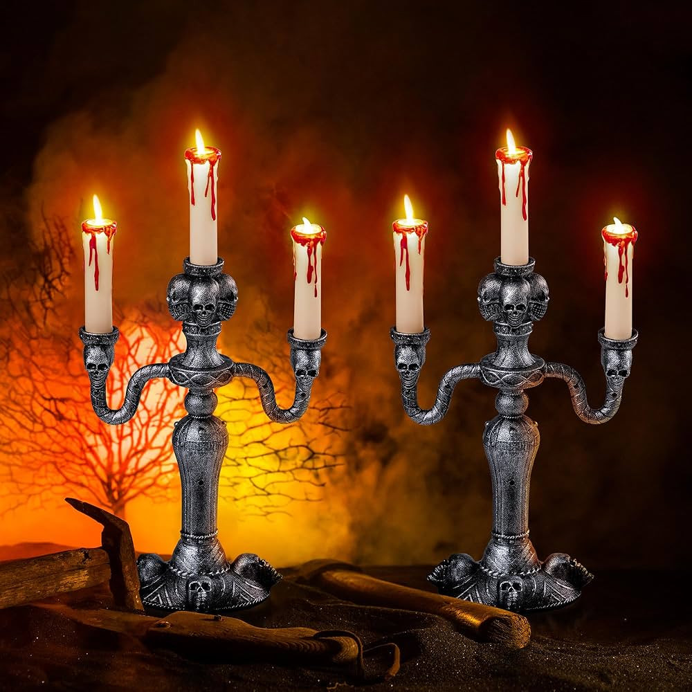 JOYIN 2 Pcs Skull Candelabra Halloween Decorations Indoor LED Lights Candles Candle Holder Hallow... | Amazon (US)