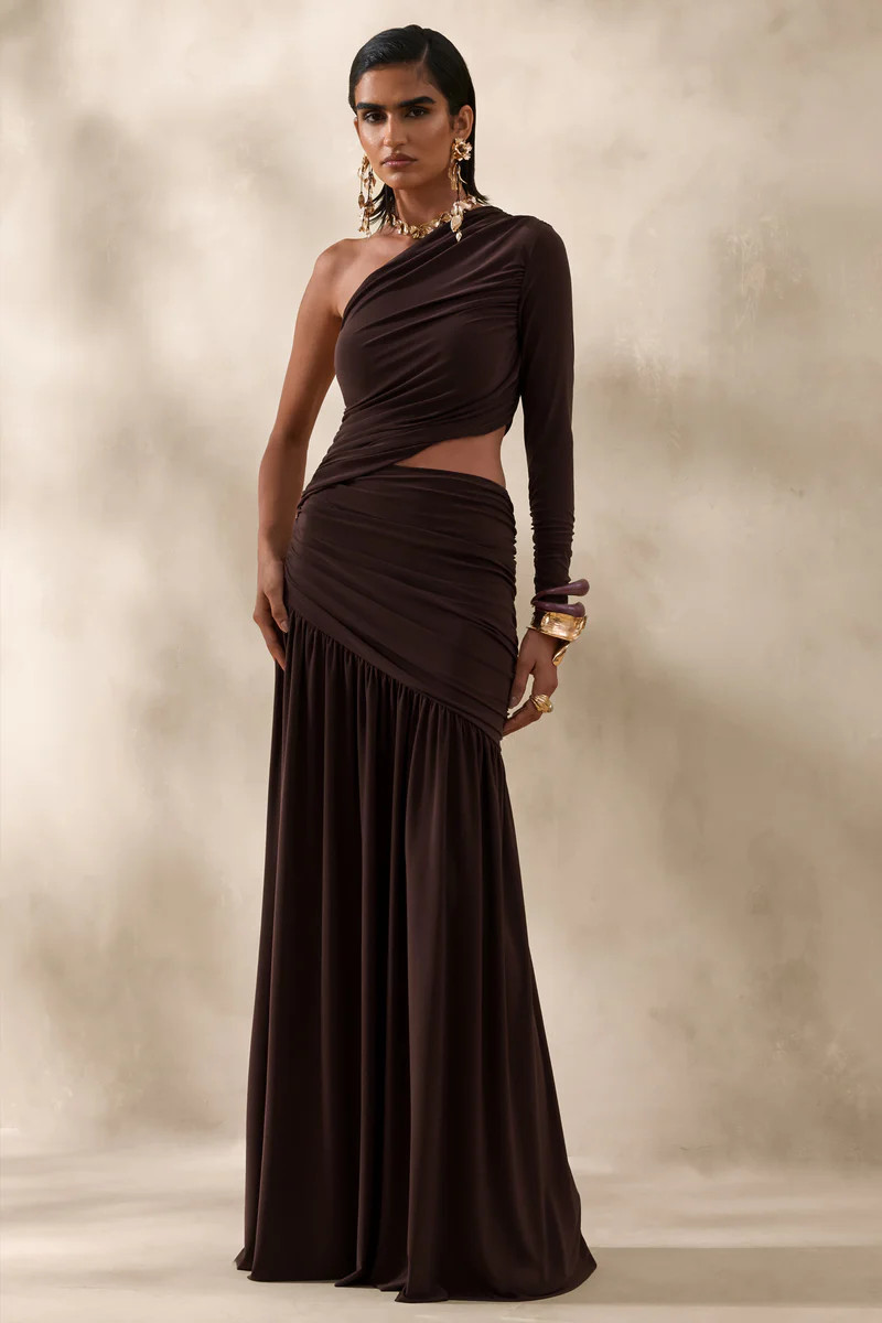 Kinsley  Brown Asymmetric-Neck Maxi Dress With Body Cut-Out Detail | Club L London