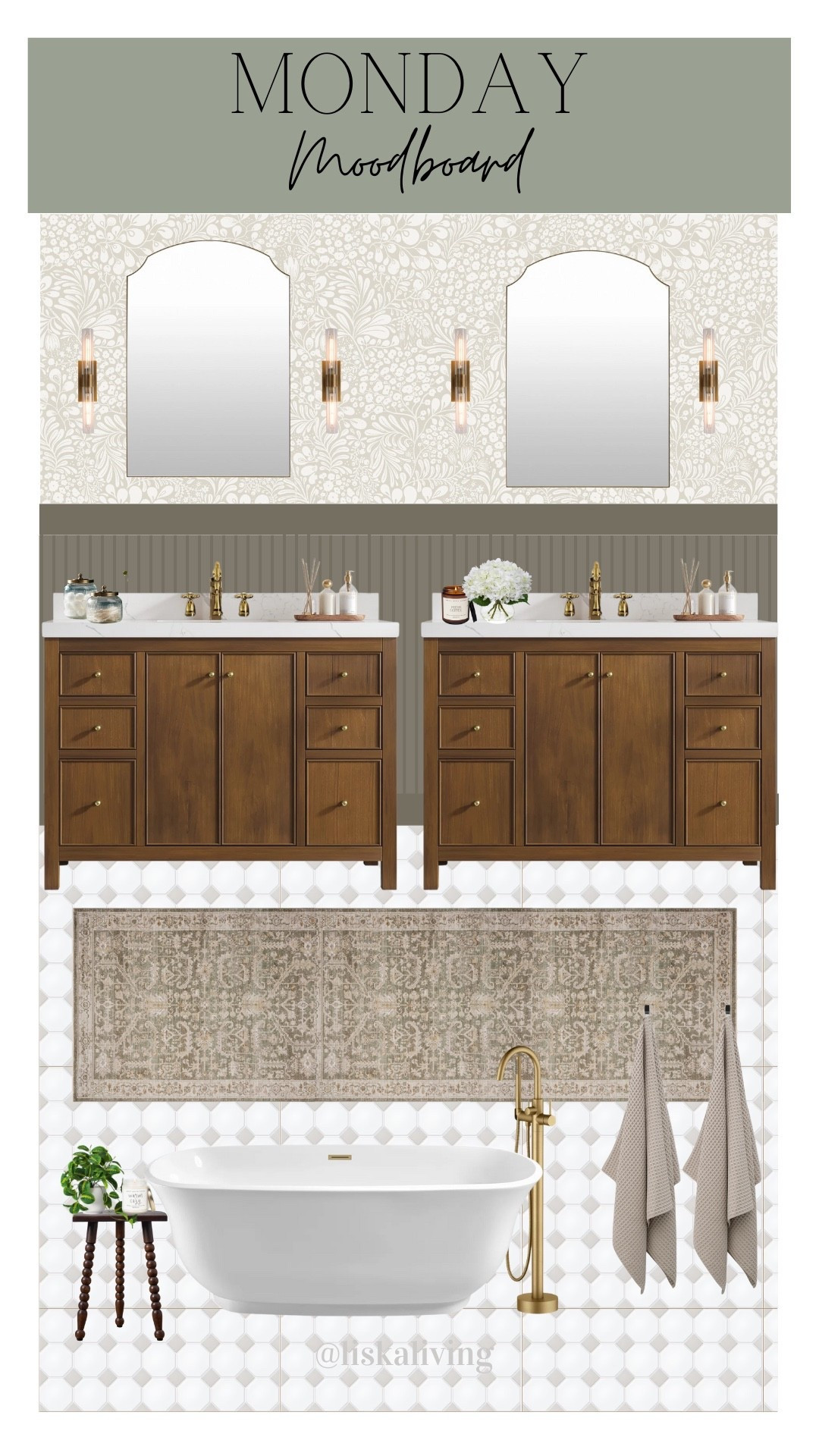 ✨MONDAY MOODBOARD - PRIMARY BATH✨

Comment MONDAY for links 🔗 

I have been loving some more classic details lately in a bathroom. I have been dreaming up my kids’ bathroom recently and I love this or a penny tile for the flooring! The walnut wood and brass details give the perfect amount of warmth to me in this space. 

The beadboard color is Anonymous for Sherwin Williams

✨FOLLOW @liskaliving and @oakandolive_designs for more home styling inspo and curated moodboards like this one! Thanks for being here! 🤍

✨SAVE this post for later!
.
.
.
.
.
#mondaymoodboard #primarybath #bathroominspo  #moodboardpage #designboard #transitionaldesign 

#LTKStyleTip #LTKHome