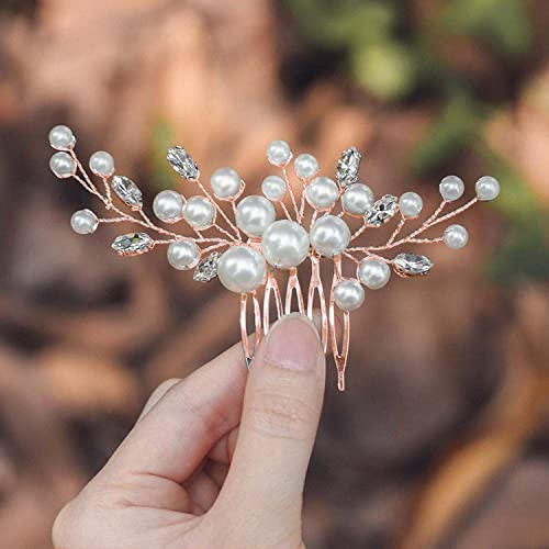 Evild Wedding Hair Comb Pearls Flower Hair Side Comb Bridal Rhinestone Hair Clips Hairpieces Wedding Hair Accessories for Brides and Bridesmaids (Rose) | Amazon (US)