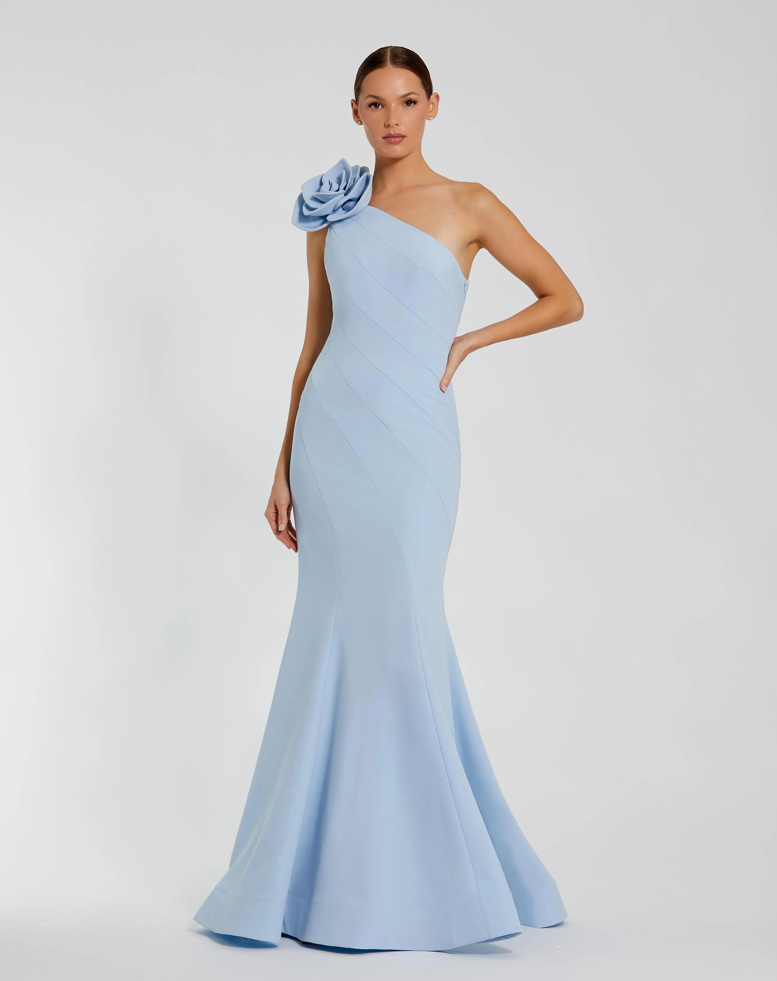 Crepe One Shoulder Mermaid Gown With 3D Flower | Mac Duggal