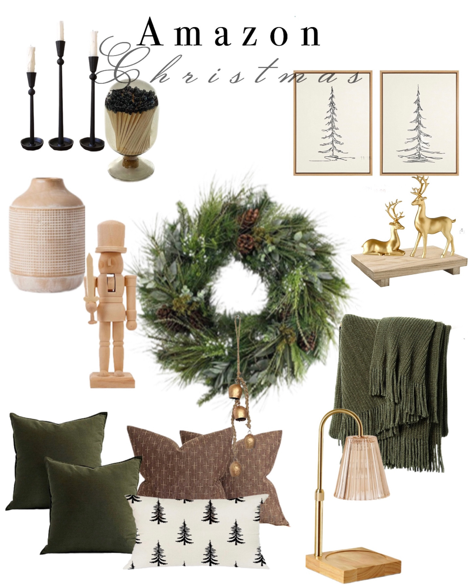 Amazon Christmas finds. Amazon home decor. Christmas wreath. Nutcracker. Candlestick holder. Blanket throws. Winter throw pillows. Textured vase. Winter art. Wall art. Gold reindeer. Gold bells. Matches. Wood tray riser.

#LTKhome #LTKHoliday #LTKHolidaySale