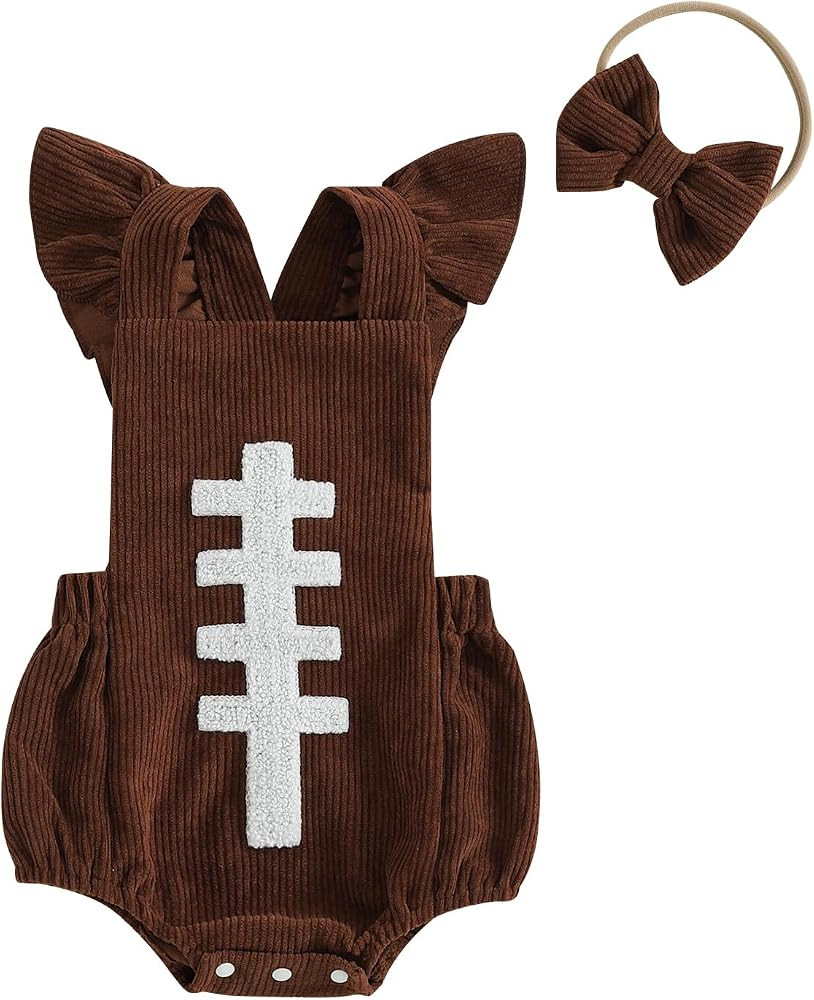 Yccutest Newborn Football Romper Baby Girl Corduroy Overalls Infant Football Onesie Bodysuit Game... | Amazon (US)