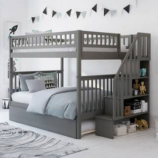 Woodland Staircase Bunk Bed Full over Full with Twin Size Urban Trundle Bed in Grey | The Home Depot