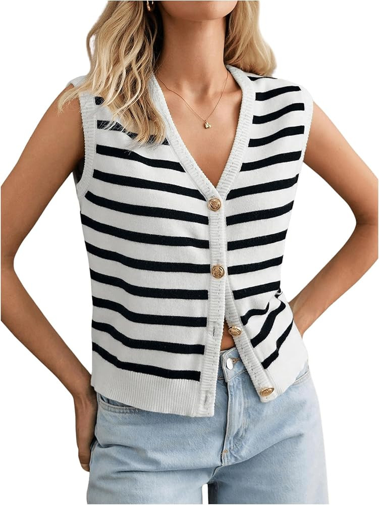SHENHE Women's Striped Sweater Vest V Neck Gold Button Up Fall Sleeveless Cardigan Vest | Amazon (US)