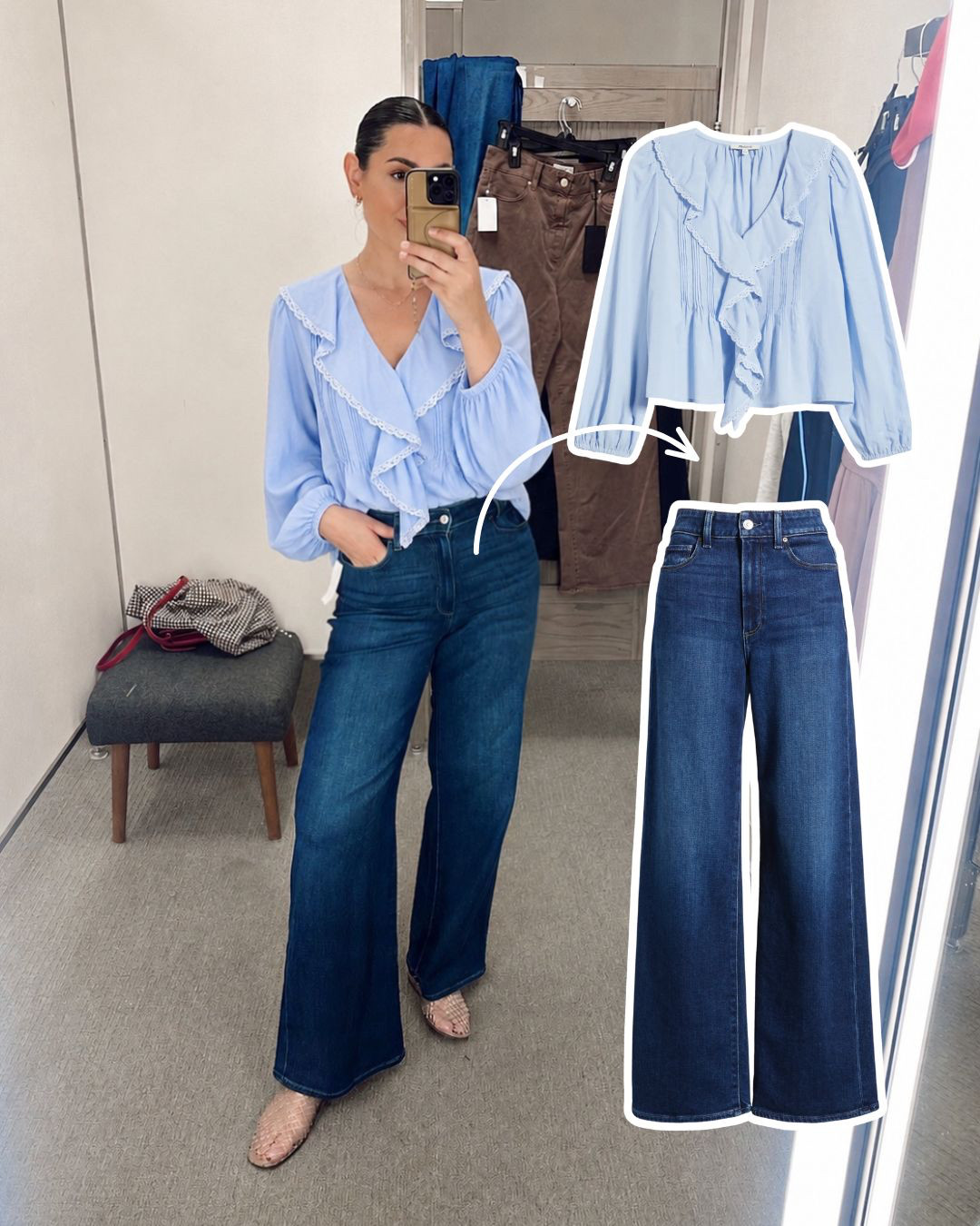 This Madewell blouse is in full stock! I'm in the large. 

I'm in the 30 of the jeans.  

 