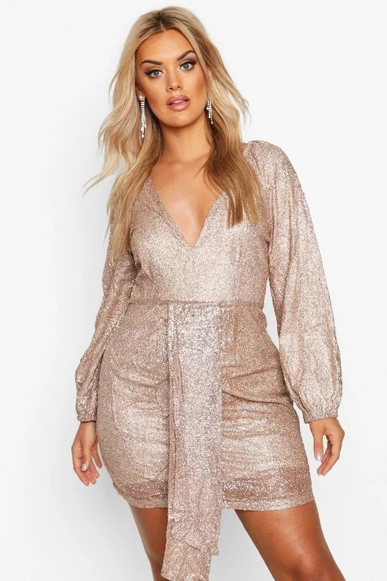 Plus Sequin Plunge Ruched Detail Dress | Boohoo.com (US & CA)