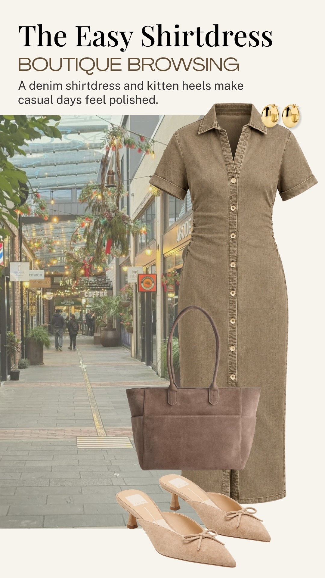 A shirt dress is one of those pieces that makes getting dressed feel easy. I love this softly structured taupe version with kitten-heel mules and a suede tote for a polished look that works beautifully for browsing boutiques, lunch, or an afternoon out.

#LTKootd #LTKdayinmylife #LTKOver40