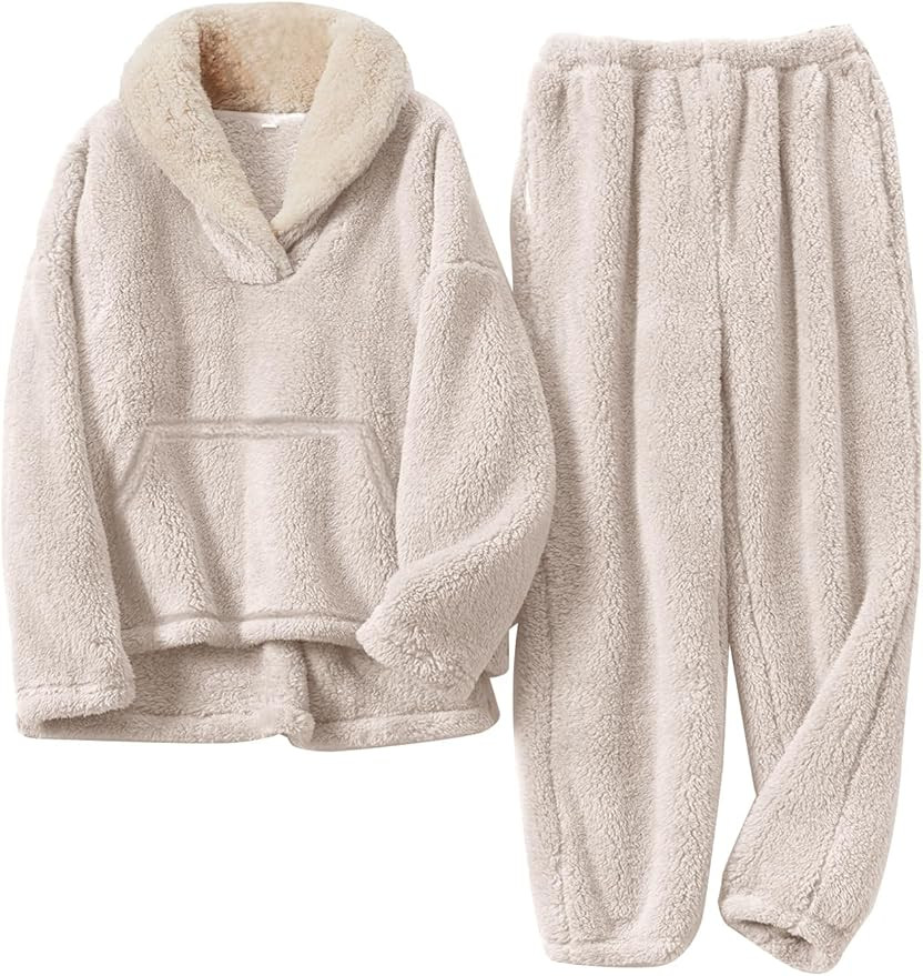 Flygo Women Fuzzy Warm Fleece Pajamas Sets Winter Flannel Sleepwear Fluffy Pajama Pullover Top Lo... | Amazon (US)