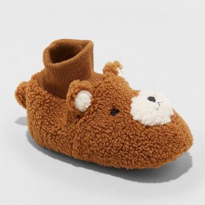 Toddler's Finley Bear Knit Cuff Bootie Slippers - Cat & Jack™ Brown | Target