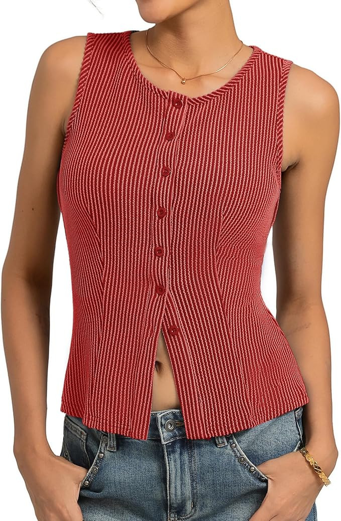 Kate Kasin Women Summer Going Out Tank Tops Y2K, Button Up Sleeveless Top, Ribbed Knit Sweater Ve... | Amazon (US)