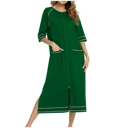 QIbmong Sleepswear for Women Mid Sleeve Round Neck Nightgowns Side Split Zipper Loungewear with Pockets | Walmart (US)
