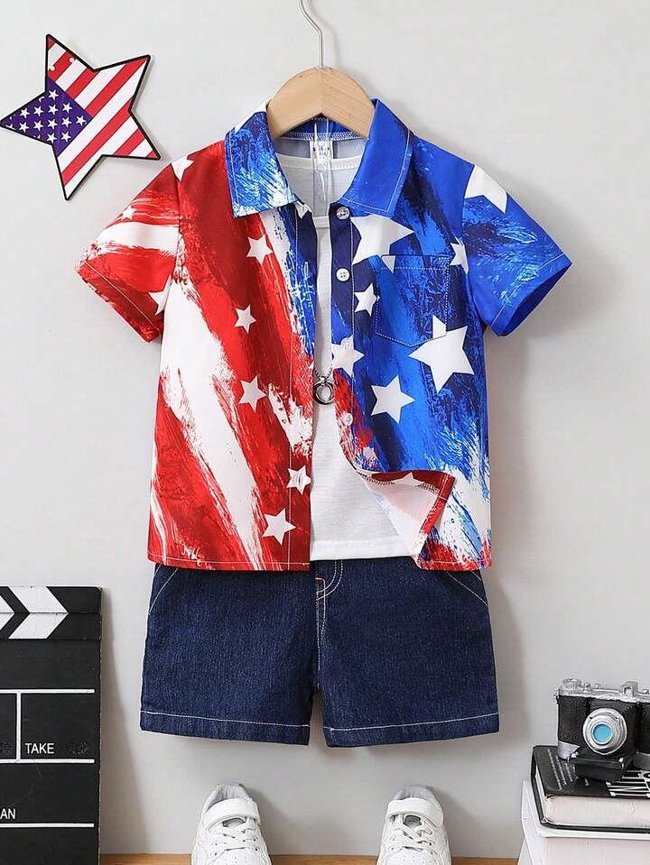 SHEIN Young Boy Casual College Style Simple Tie-Dye Striped Star Print Short Sleeve Shirt, Suitab... | SHEIN