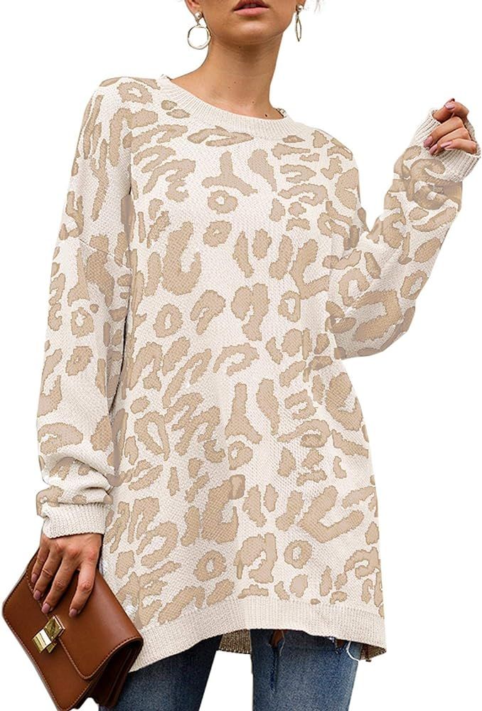 Chuanqi Womens Oversized Leopard Print Crew Neck Sweaters Knitted Jumper Pullover Tops | Amazon (US)
