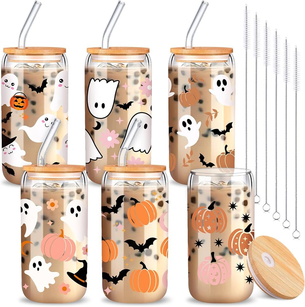 6 Pcs Halloween Drinking Party Glasses 16 oz Ghost Pumpkin Glass Cup with Bamboo Lid and Glass Straw Spooky Can Shaped Beer Glass Bat Mason Jar Glass Cups for Halloween Party Gift | Amazon (US)