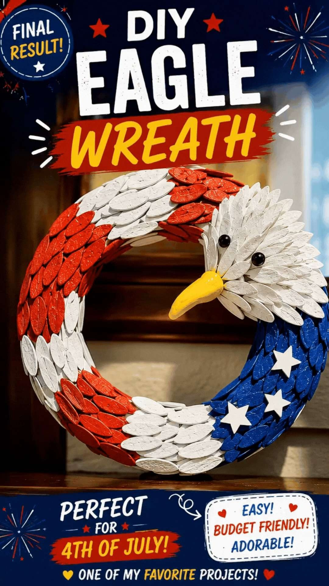 DIY Patriotic Eagle Wreath Tutorial! 🦅❤️🤍💙 Create this stunning 4th of July eagle wreath using simple craft supplies like wood biscuits, spray paint, a foam wreath, and a Cricut! This eye-catching patriotic door decoration is perfect for Memorial Day, Independence Day, or showing your American pride all summer long. Shop all of the supplies I used to recreate this DIY below!

#LTKHome #LTKDIY #LTKFinds #LTKSeasonal #LTKCreator 

 #LTKSeasonal #LTKHome #LTKSaleAlert
