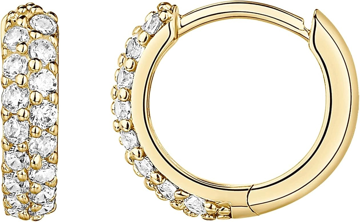 PAVOI 14K Gold Plated Sterling Silver Post Cubic Zirconia Huggie Earrings - Small Round Huggie St... | Amazon (US)