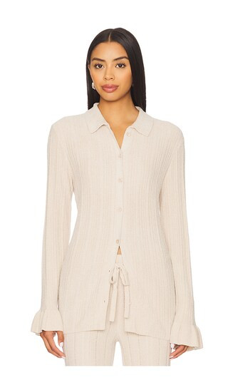 CozyChic Ultra Lite Ribbed Ruffle Cuff Shirt in Stone | Revolve Clothing (Global)