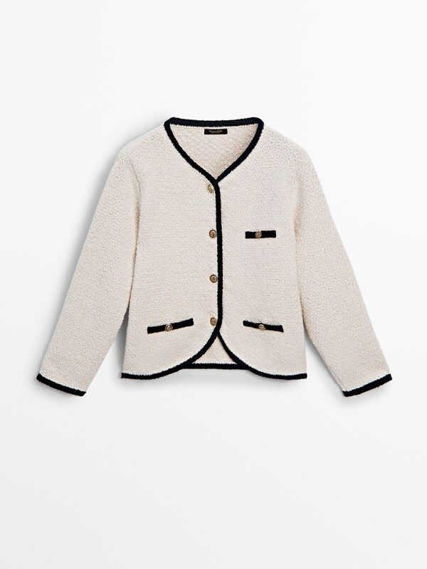 Contrast textured knit cardigan | Massimo Dutti UK