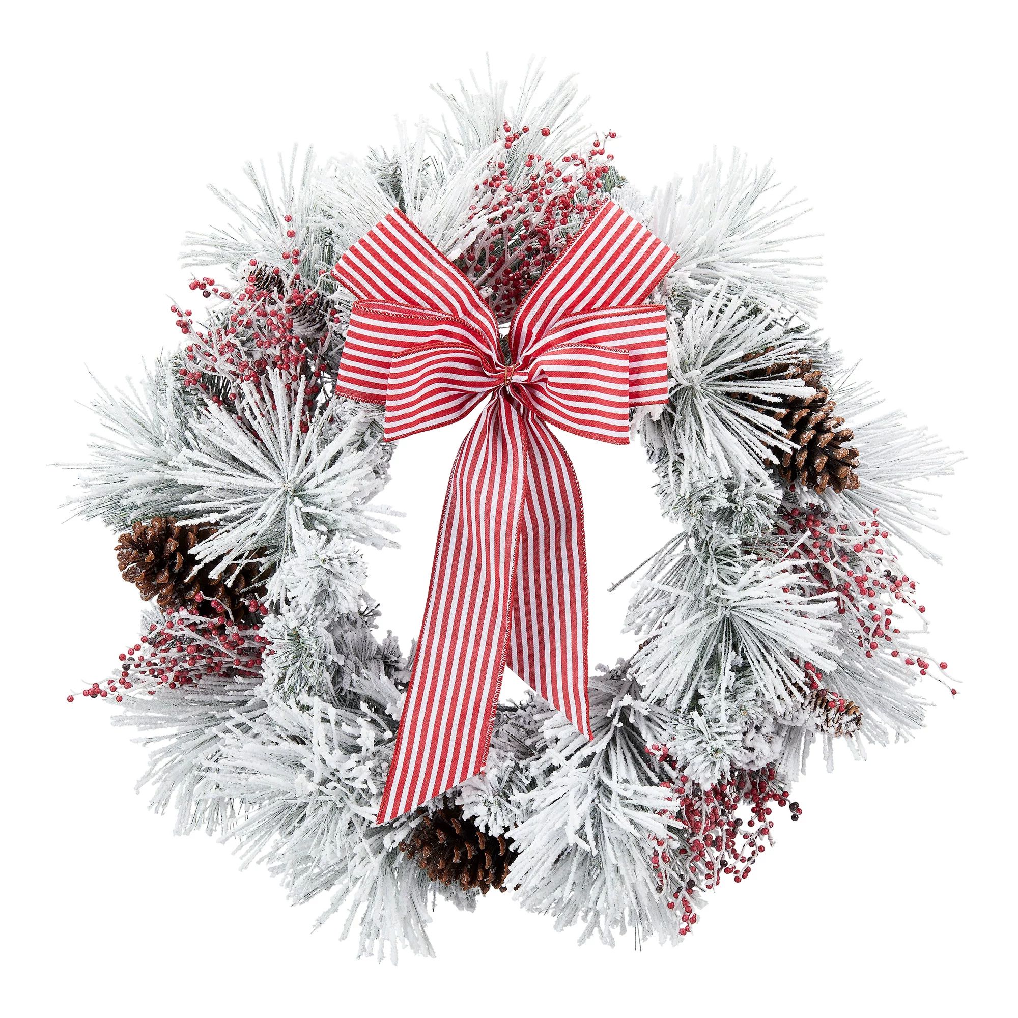Holiday Time Flocked Pine and Pine Cone Wreath with Bow, 22" | Walmart (US)