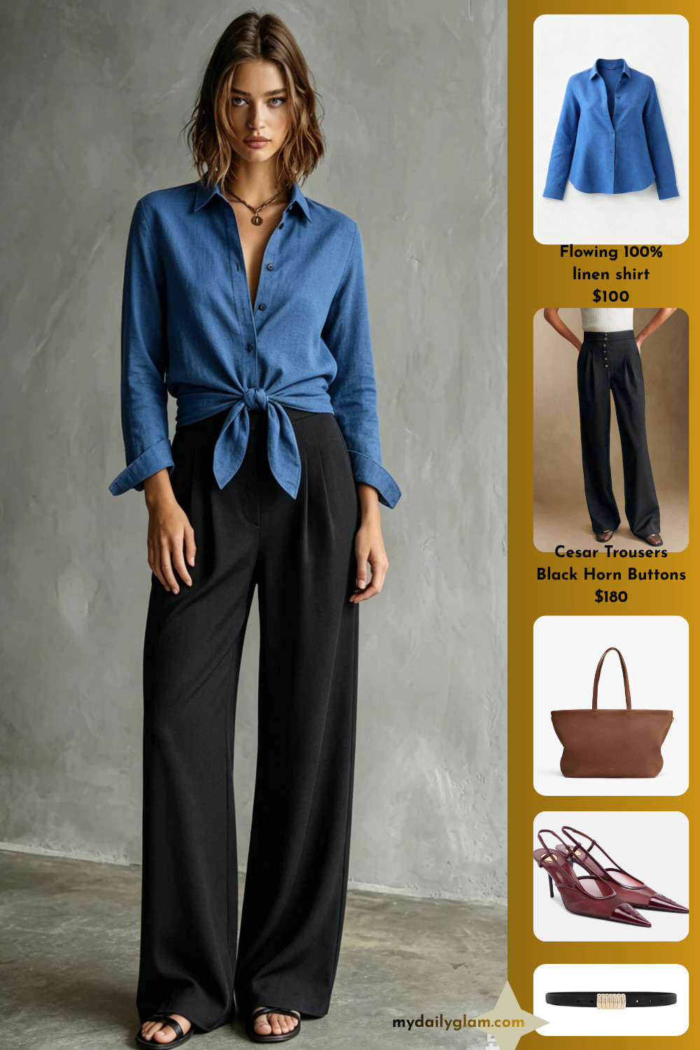 Chic Waist-Tied Linen Shirt Outfit | Blue Knotted Shirt + Black High Waist Wide Leg Trousers
#WideLegTrousersOutfit
#TiedShirtStyle
#MinimalOfficeWear 

 #LTKootd #LTKOver40 #LTKWorkwear