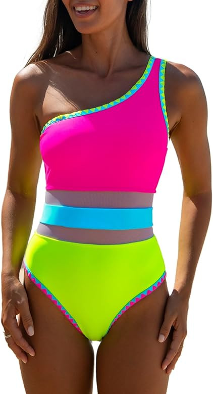 popvil Women's Sexy One Shoulder One Piece Bathing Suits Neon Color Block Swimsuits Slimming Mesh... | Amazon (US)
