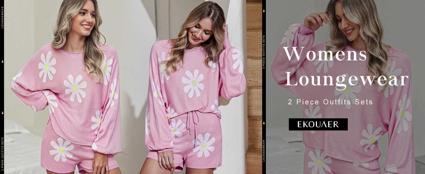 Ekouaer Knit Pajamas Set for Women Lounge Sets Long Puff Sleeve Top and Shorts 2 Piece Outfits Sw... | Amazon (US)