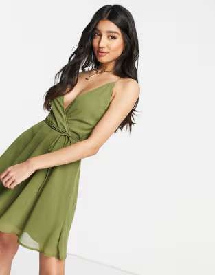 ASOS DESIGN cami wrap mini dress with lace up back in Khaki | ASOS (Global)