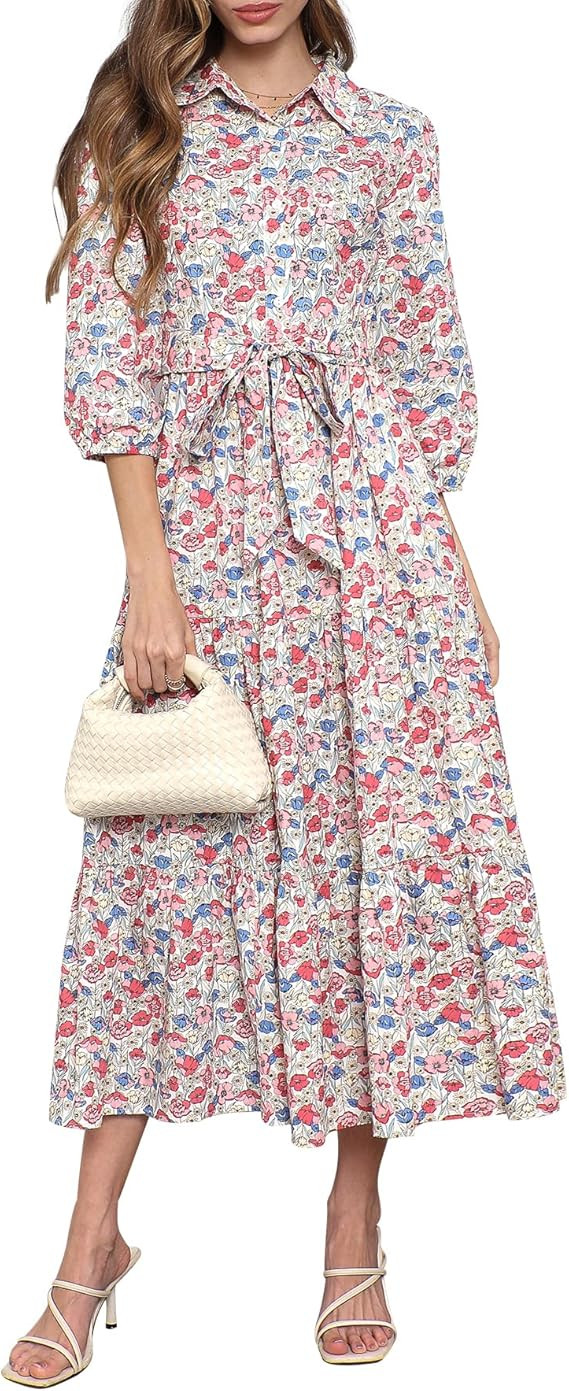 Kedera Womens 3/4 Sleeve Tiered Maxi Dresses Casual Button Down Tie Waist Flowy Shirt Midi Dresse... | Amazon (US)