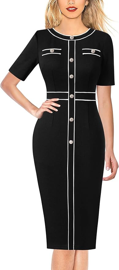 VFSHOW Womens Buttons Patchwork Work Business Office Party Bodycon Pencil Sheath Dress | Amazon (US)